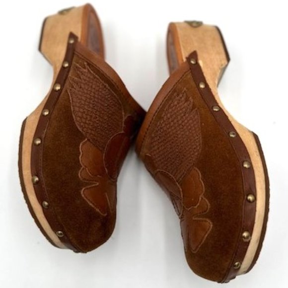 Lucky Brand Brown Suede Leather Peace Sign Wooden Clogs - Picture 2 of 7